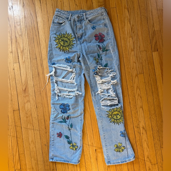 SHEIN Denim - SHEIN Blue Jeans with Floral and Sun Embroidery